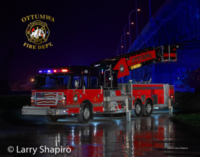 Ottumwa IA Fire Department Ladder 1 Rosenbauer America Commander Cobra mid-mount tower ladder Larry Shapiro photographer shapirophotography.net 